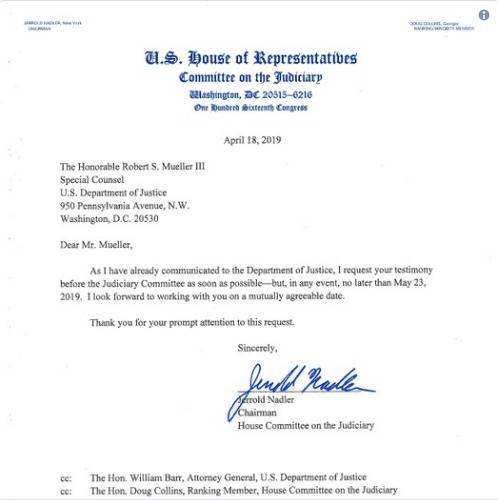 美众议院司法委员会新任主席、纽约州民主党众议员杰里•纳德勒的信。