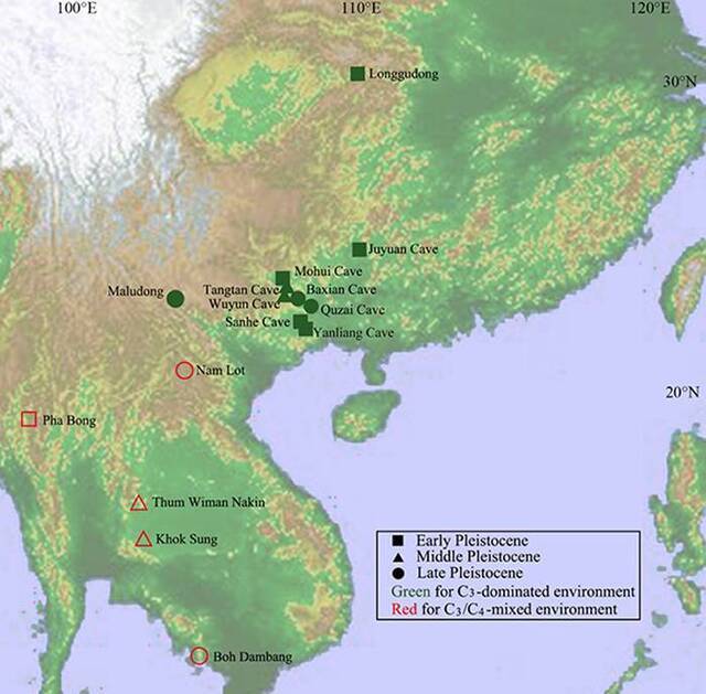 东南亚陆地区域内有化石稳定同位素数据的遗址分布图（马姣供图）