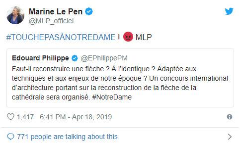 Marine Le Pen：#不要碰巴黎圣母院！（愤怒脸）