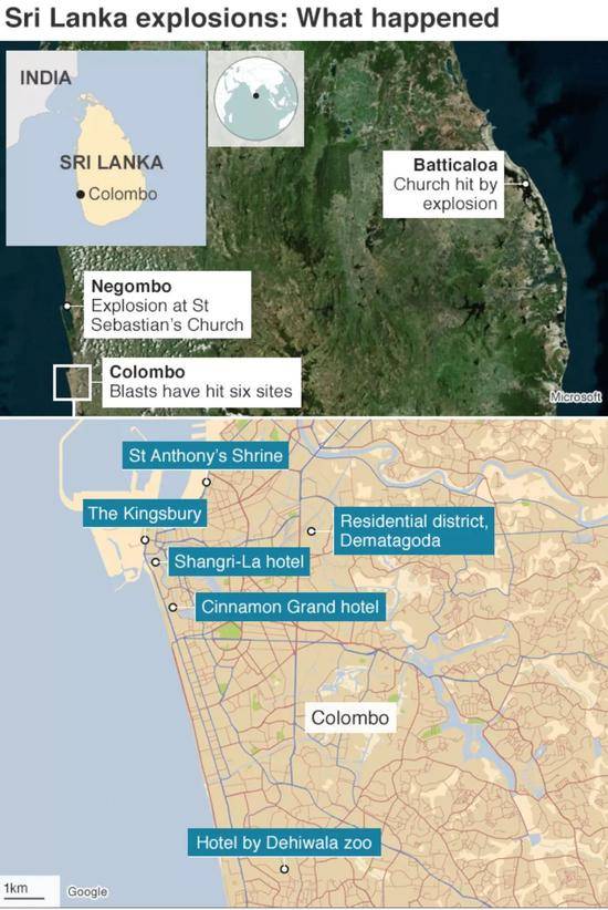 斯里兰卡连环爆炸发生地点（图片来自BBC）