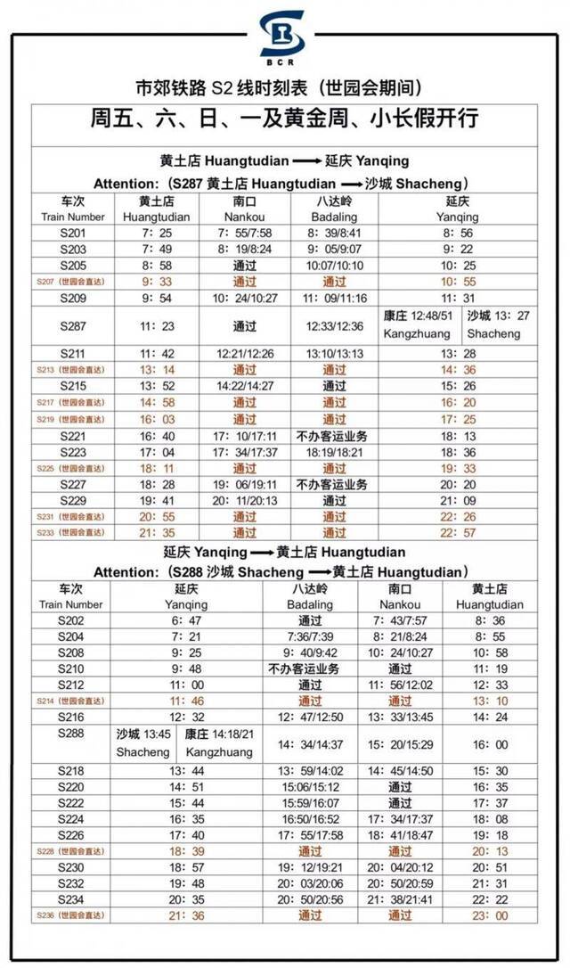 市郊铁路S2线时刻表（世园会期间）。