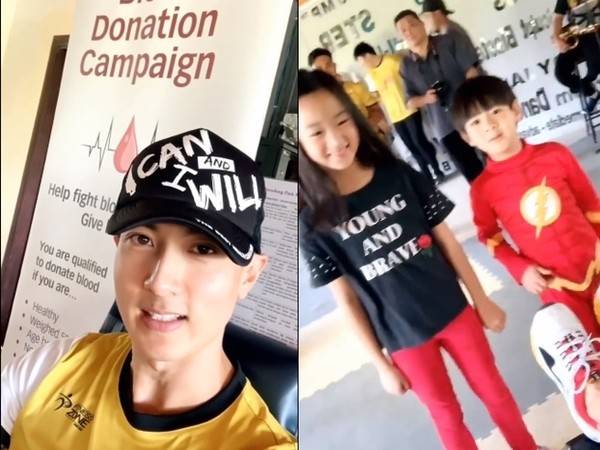 27日吴尊晒出自己带孩子们去捐血的小视频