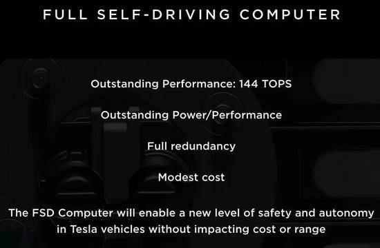 （FSD芯片总算力达144TOPS，耗能低算力高，冗余结构，成本低）