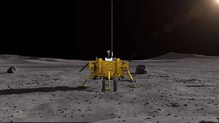 中国国家航天局公布的艺术家想象图，描绘出嫦娥四号月球探测器的登陆景象，这是第一艘在月球背面降落的宇宙飞船。 ILLUSTRATION BY EPA/CHINA