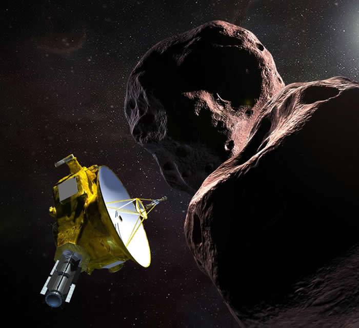 艺术家为这次历史性飞掠任务所绘制的插图。美国航天总署（NASA）的新视野号（New Horizons）宇宙飞船正飞越一颗昵称为「天涯海角」的小行星2014 M