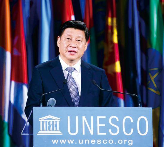 2014年3月27日，国家主席习近平在巴黎联合国教科文组织总部发表重要演讲。新华社记者姚大伟/摄