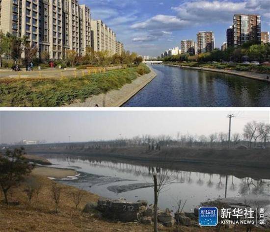 ↑这是一张拼版照片，上图：2018年10月27日拍摄的凉水河畔的住宅小区（新华社记者李欣摄）；下图：2013年2月27日拍摄的凉水河（资料照片）。凉水河曾是北京南城最大的污水排放地。经过黑臭水体治理、留白增绿，污染多年的凉水河正在复苏：水变清了，河岸变美了，一条条滨河步道、一座座滨河公园，更是给周边群众满满的获得感。新华社发