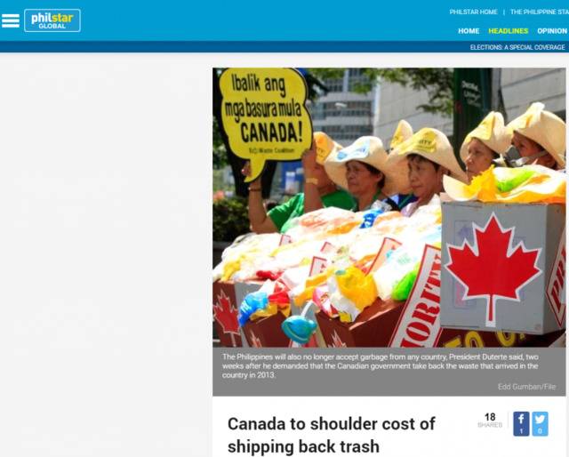 《菲律宾星报》：加拿大将承担运回垃圾的费用