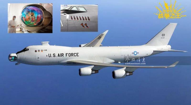 ▲YAL-1A原型机上的氧碘化学激光炮输出功率可达兆瓦级，曾成功击毁过2枚飞行中的弹道导弹，左小图为激光炮透镜特写，右小图为原型机击落的目标图案（7次成功照射，2次成功摧毁）。