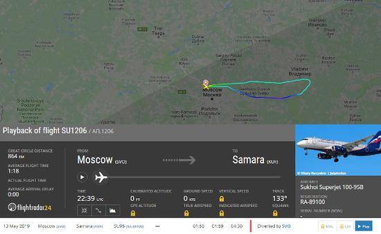 俄航一架SSJ-100客机突然紧急返回起飞机场（图源：Flightradar截图）