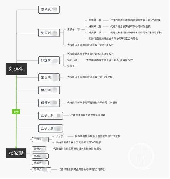 ▲举报人梳理的张家慧、刘远生夫妇亲属代持其资产情况图。受访者供图