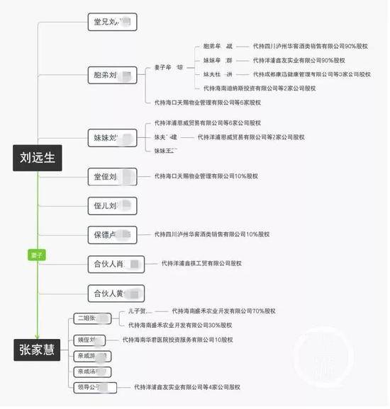 举报人梳理的张家慧、刘远生夫妇亲属代持其资产情况图。受访者供图