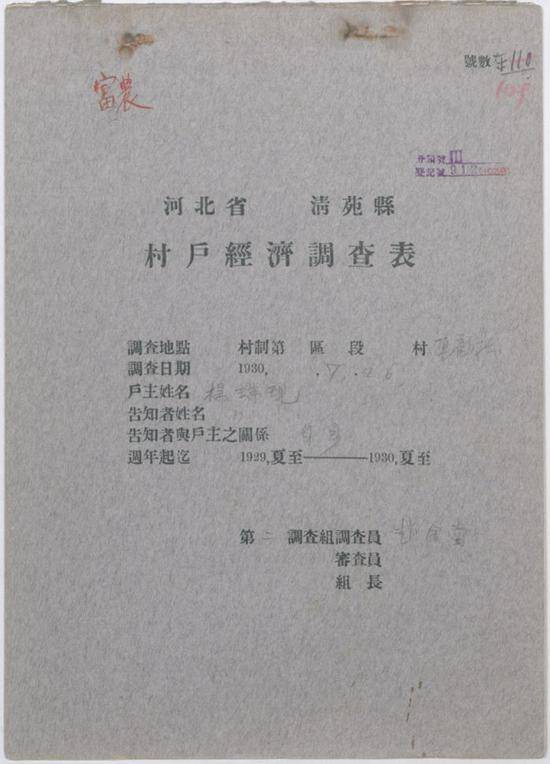 1930年7月26日填写的一份河北省清苑县村户经济调查表原件封面。图片来源：经济所中国现代经济史研究室