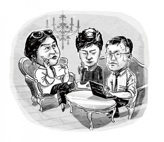 左起：崔顺实、朴槿惠与青瓦台前秘书官郑虎成