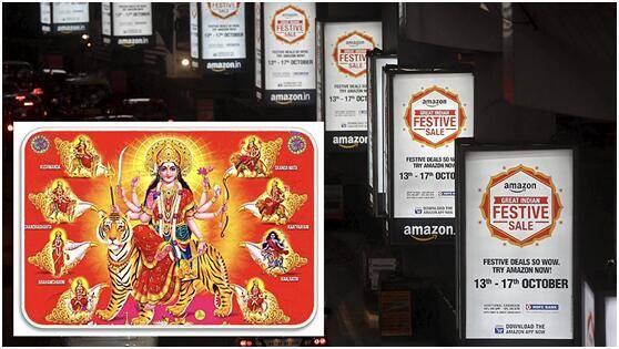 印有印度教神灵的门毯（左下）以及在印度孟买的亚马逊广告，图源：路透社