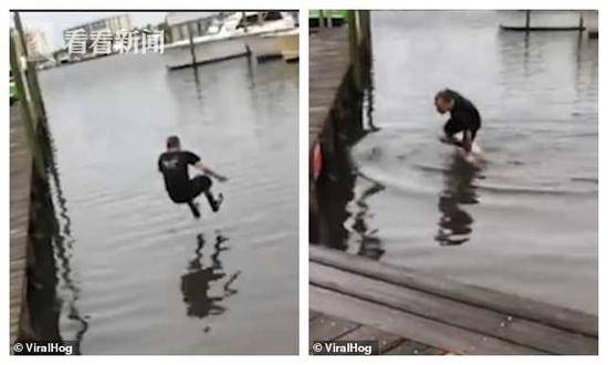 小伙码头上花式跳水 落水后发现水才到脚脖子