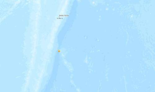 汤加南部海域发生5.0级地震。(图片来源：美国地质勘探局网站截图)