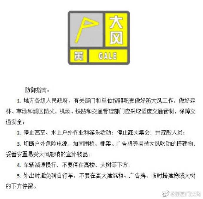 北京门头沟大风预警升级为黄色 预计阵风可达9级以上