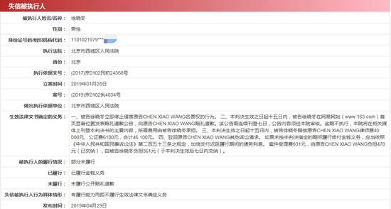 徐晓冬被列入失信被执行人名单。图源：中国执行信息公开网