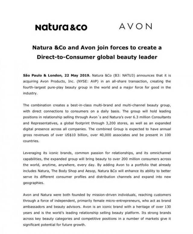 雅芳或将37亿美元“卖身”巴西美妆集团Natura