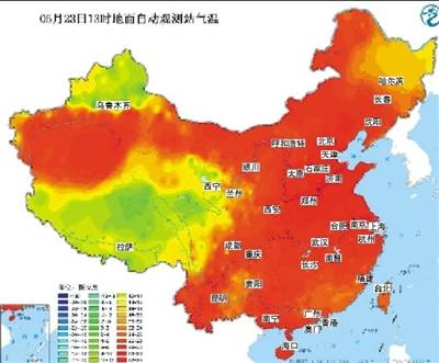 昨日，全国地面自动观测站数据显示，35℃以上高温覆盖面积约有98万平方公里。图/中国天气网官方微博@中国天气