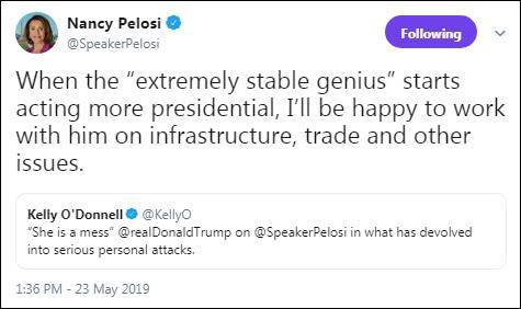 佩洛西：“极度稳定的天才”表现的像个总统后，才乐意与他合作图自：社交媒体