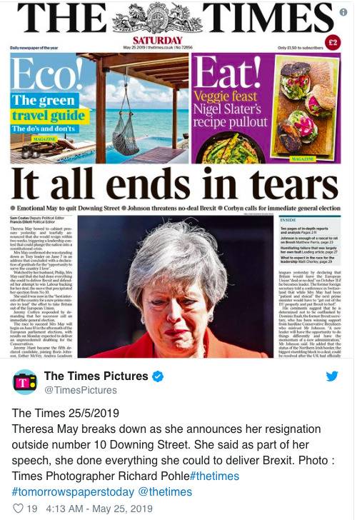 特雷莎-梅宣布辞职 英国各报刊头版是这样报道的
