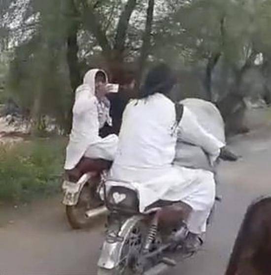 另一辆摩托车上的男子正在拍摄载着奶牛的摩托车手