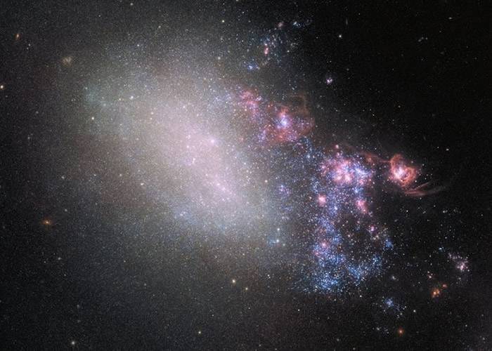 哈勃太空望远镜摄下猎犬座不规则星系NGC 4485与相邻NGC 4490茧星系碰撞