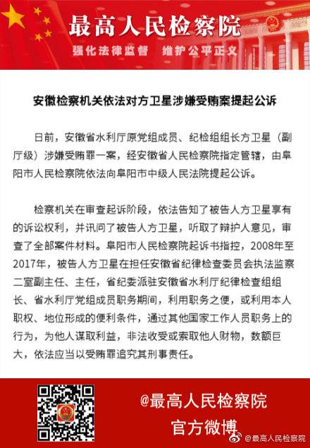 安徽省水利厅纪检组组长方卫星被提起公诉