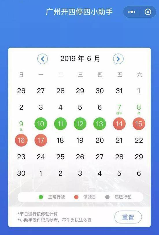 ▲广州开四停四小助手显示，从6月7日到6月13日，非粤A车可在广州连开7天。（提醒：放假前一天，即6日当天需停驶）