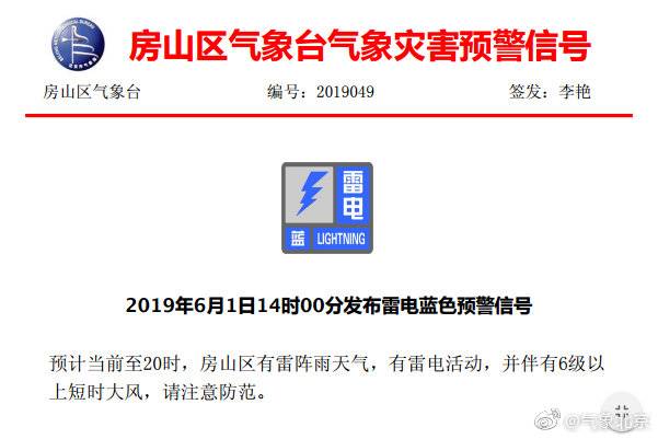 北京延庆门头沟房山发布雷电蓝色预警信号