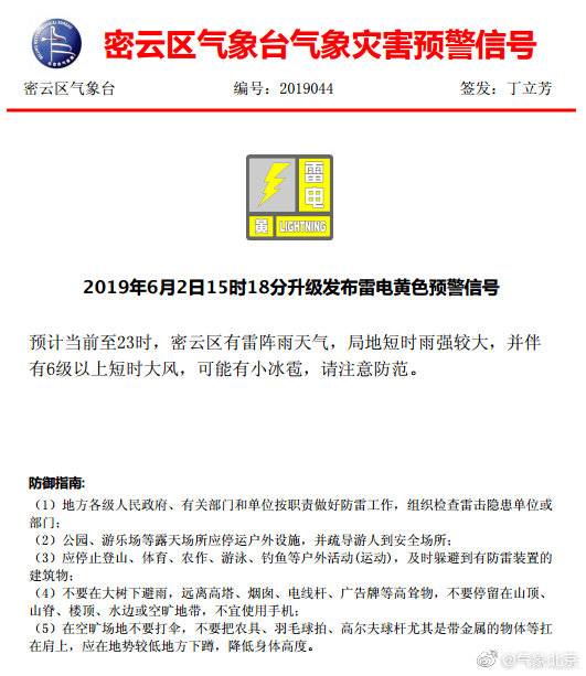 北京顺义密云平谷发布了雷电黄色预警信号