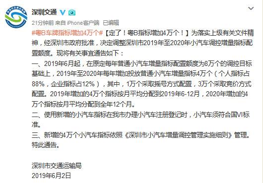 深圳调整小汽车调控增量指标配置额度 增4万个指标