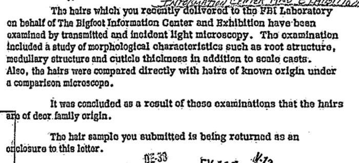 美国联邦调查局（FBI）公布研究1976年雪人样本相关文件：毛发属于鹿科动物