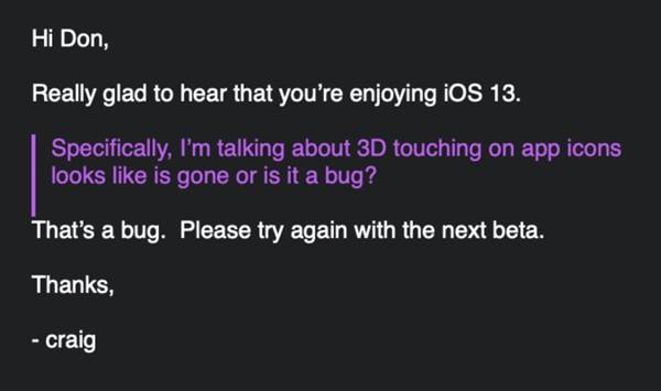 苹果回应iOS 13中无3D Touch：是Bug 下一测试版修复