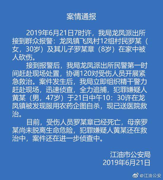 四川江油通报“母子在家中被砍”：8岁儿子死亡