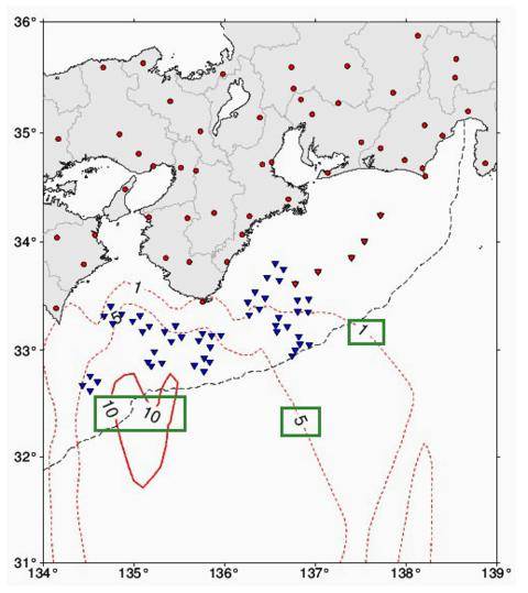 海底地震仪（蓝色倒三角）观测网示意图。图中绿框标出的数字表示一旦发生地震，最快可提早多少秒预报。（日本气象厅）