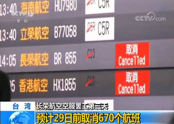 台湾长荣航空空服罢工：预计29日前取消670个航班