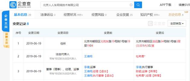 人人车旗下公司工商变更：联合创始人王清翔卸任法人