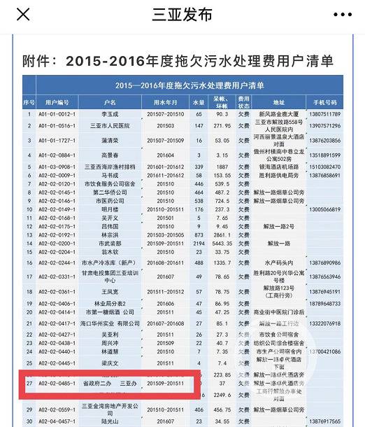 ▲三亚税务局公布的拖欠污水处理费用名单截图。