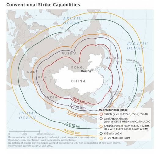 美国国防部评估出的中国常规武装力量打击范围图源：美国政府