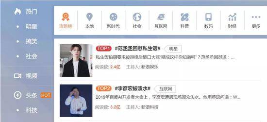“李彦宏被泼水”居新浪微博话题榜第二