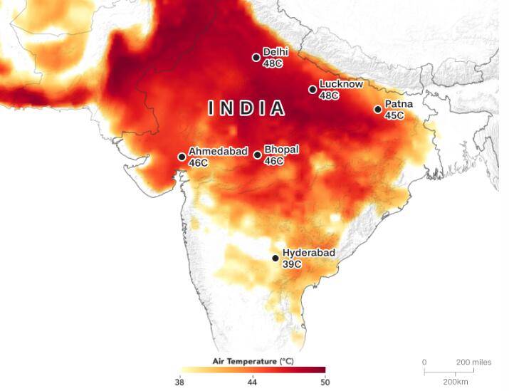 （印度受热浪影响气温示意图。图源：CNN）