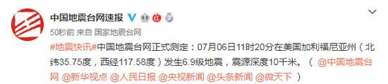 美国加利福尼亚州发生强烈地震 震源深度10千米