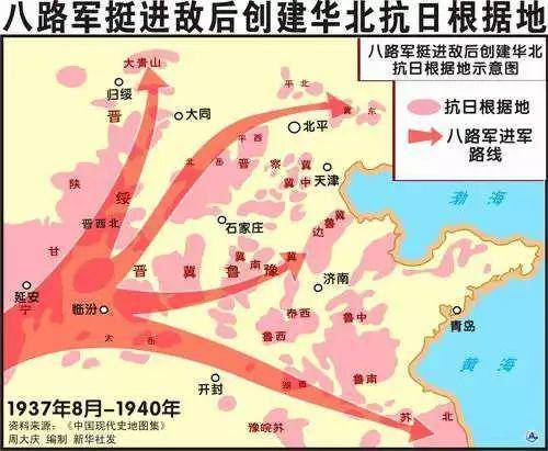 （图为八路军挺进敌后创建华北抗日根据地图源：新华社）