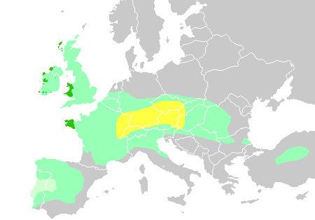 图中大片浅绿色为凯尔特语族历史上的使用地区，深绿色为现代仍使用的地区维基百科