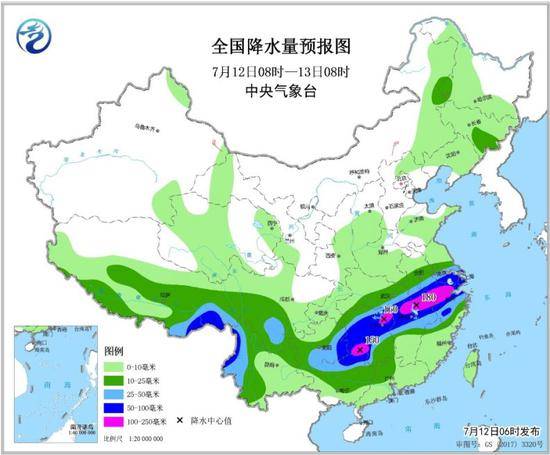 全国降水量预报图（7月12日08时-13日08时）来源：中央气象台