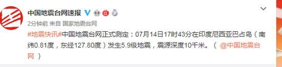 印度尼西亚巴占岛发生5.9级地震 震源深度10千米