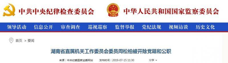 湖南省直属机关工作委员会委员周松柏被开除党籍和公职